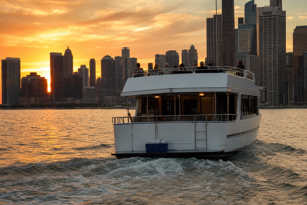 Odyssey dinner cruise ship on Boston Harbor at sunset