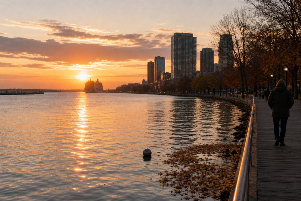 Boston harbor at sunset with cruise ship in distance