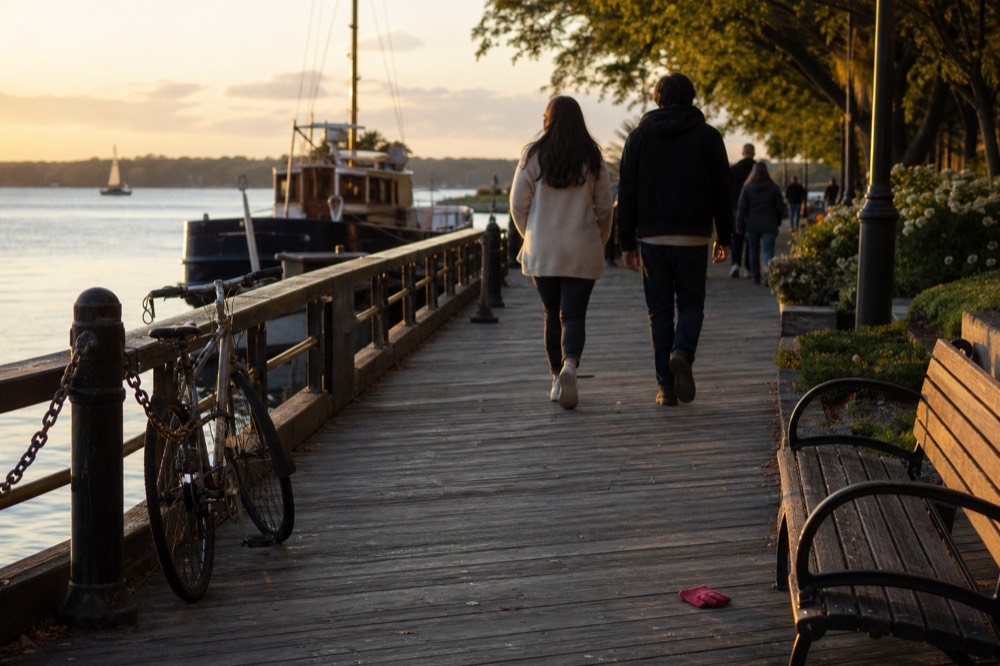 Walkers on a Boston waterfront promenade at golden hour with boats moored in the harbor