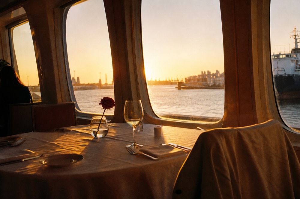 A couple's dinner table set beside a window on a Boston Harbor cruise at sunset