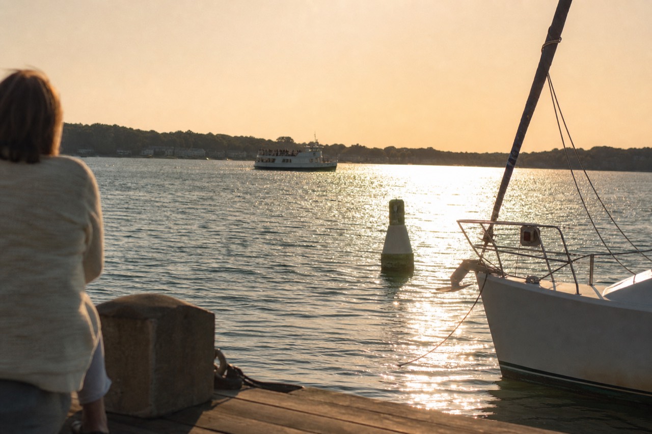Golden sunset light over Boston Harbor with a dinner boat at anchor in the distance