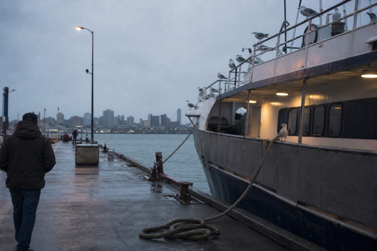 A dinner cruise vessel tied up at a Boston pier at dusk with the city skyline behind it