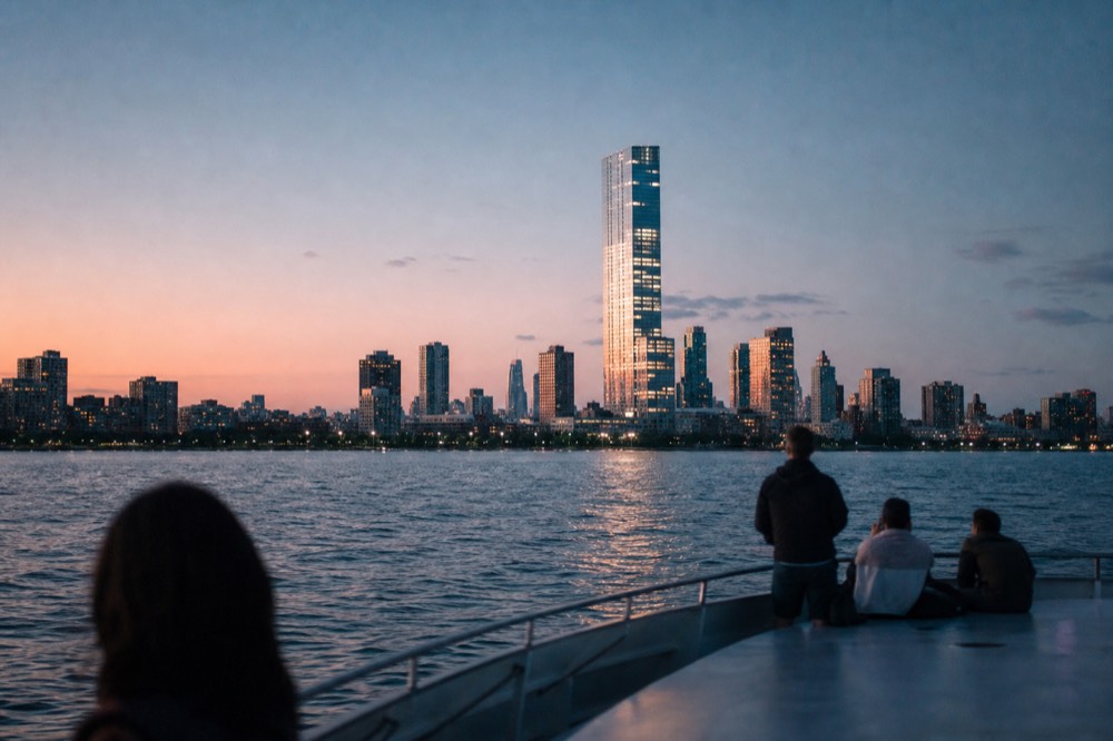Boston's waterfront skyline at dusk seen from the open water