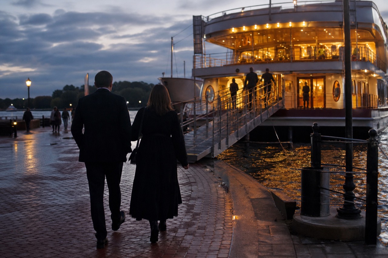 A dressed-up couple in cocktail attire walking the Rowes Wharf gangway toward a illuminated dinner cruise vessel at dusk