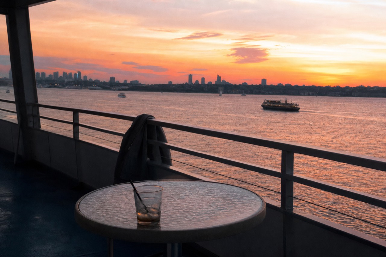 Evening crowd on a Boston harbor dinner cruise deck at sunset