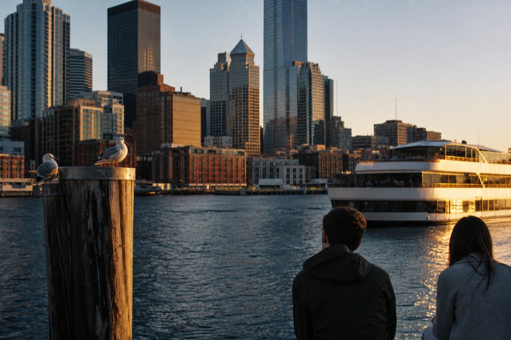 A dinner cruise vessel passing the downtown Boston waterfront at golden hour