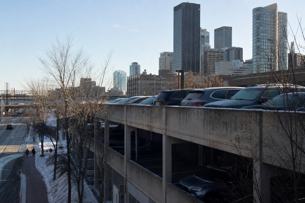 Seaport Hotel parking garage exterior with Boston skyline