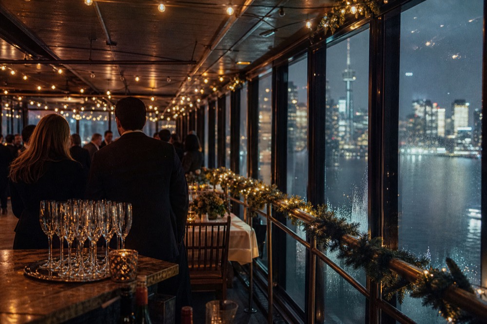 Holiday lights on a cruise ship interior with Boston skyline outside