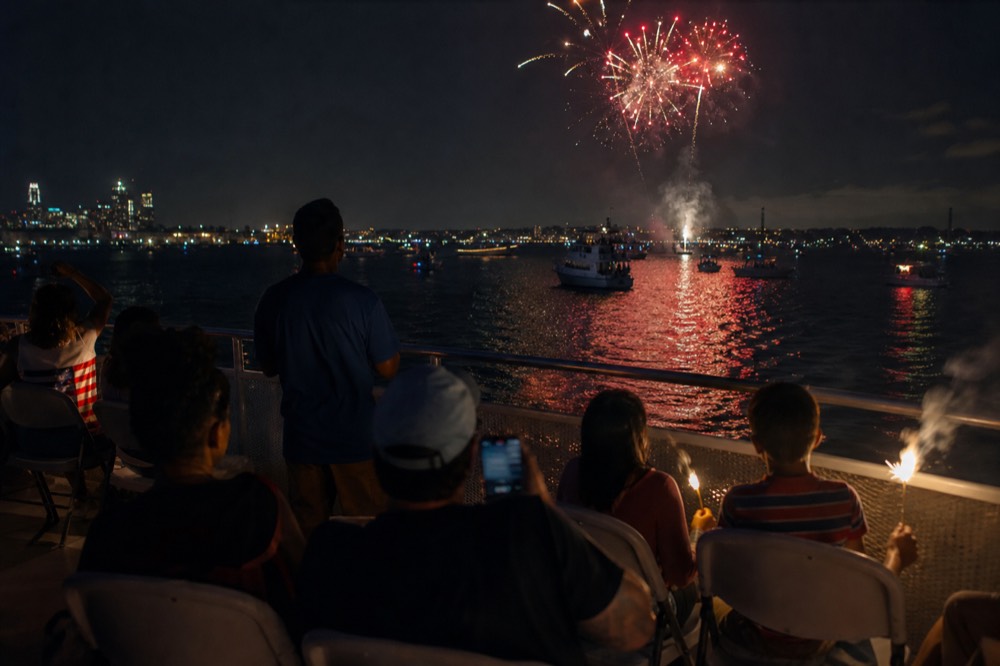 Fireworks bursting over Boston Harbor as seen from the water near the city skyline