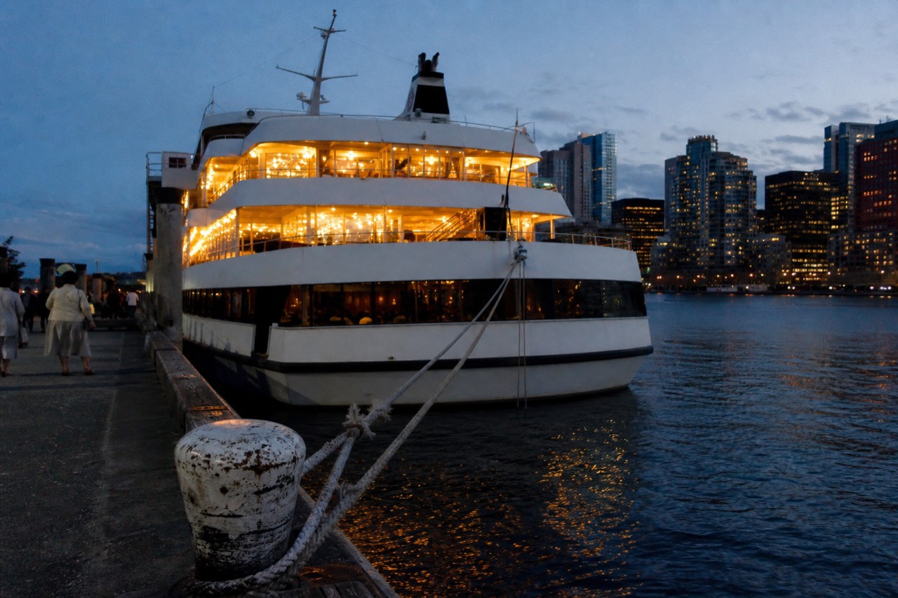 A dinner cruise vessel tied up at a Boston pier at dusk with the city skyline behind it