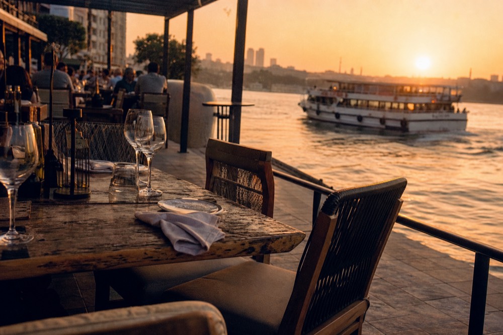 Waterfront restaurant terrace and a cruise boat on the harbor at sunset